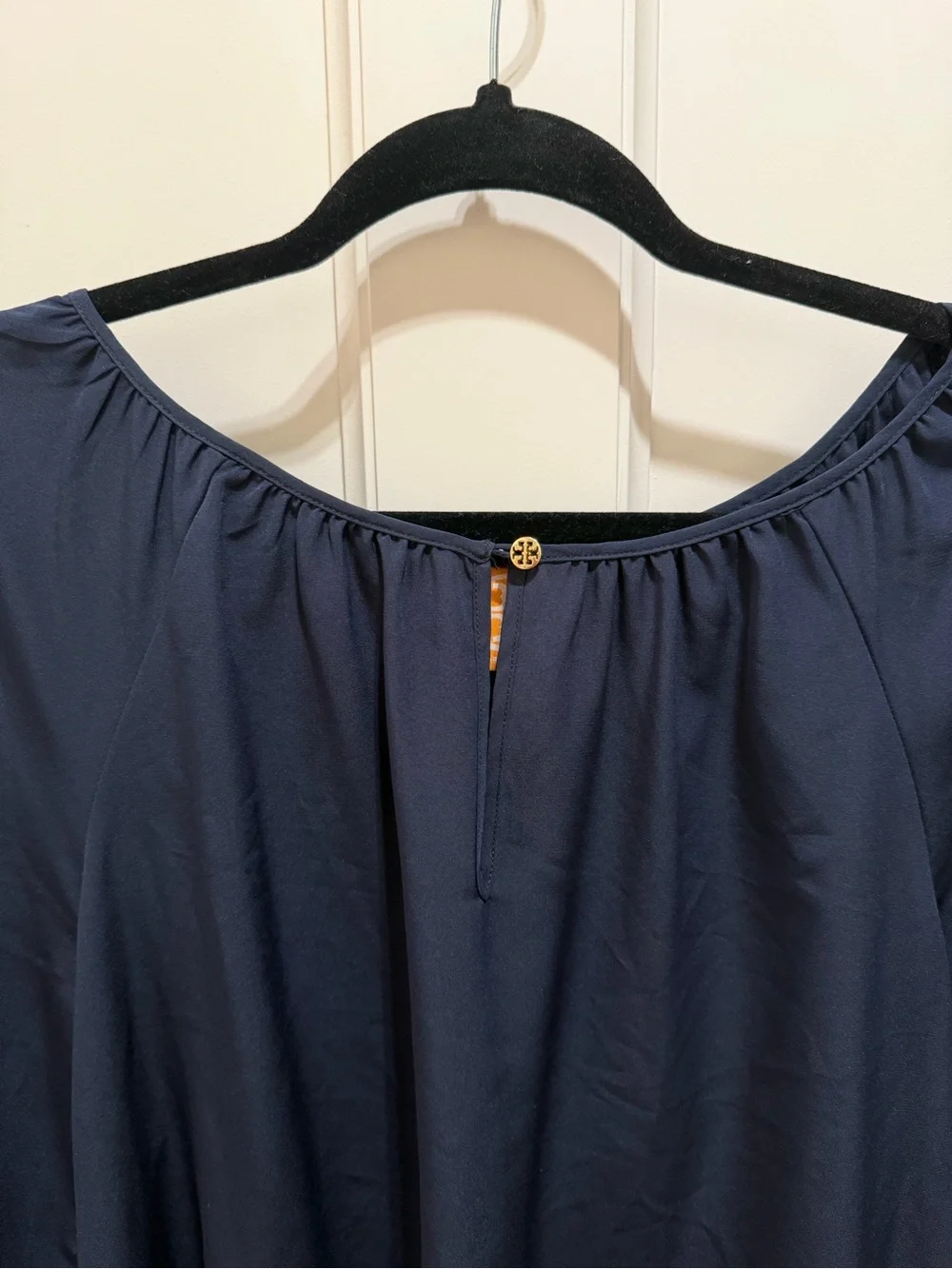Tory Burch Navy Blue Long Sleeve Blouse Gold Logo Hardware Size L